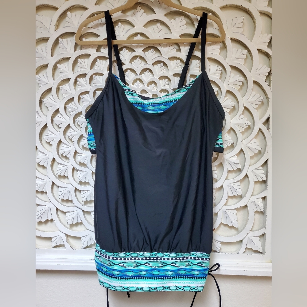 Ikat Tankini NWOT Jhon Peters Tankini Top Padded Drawstring Black Tribal…